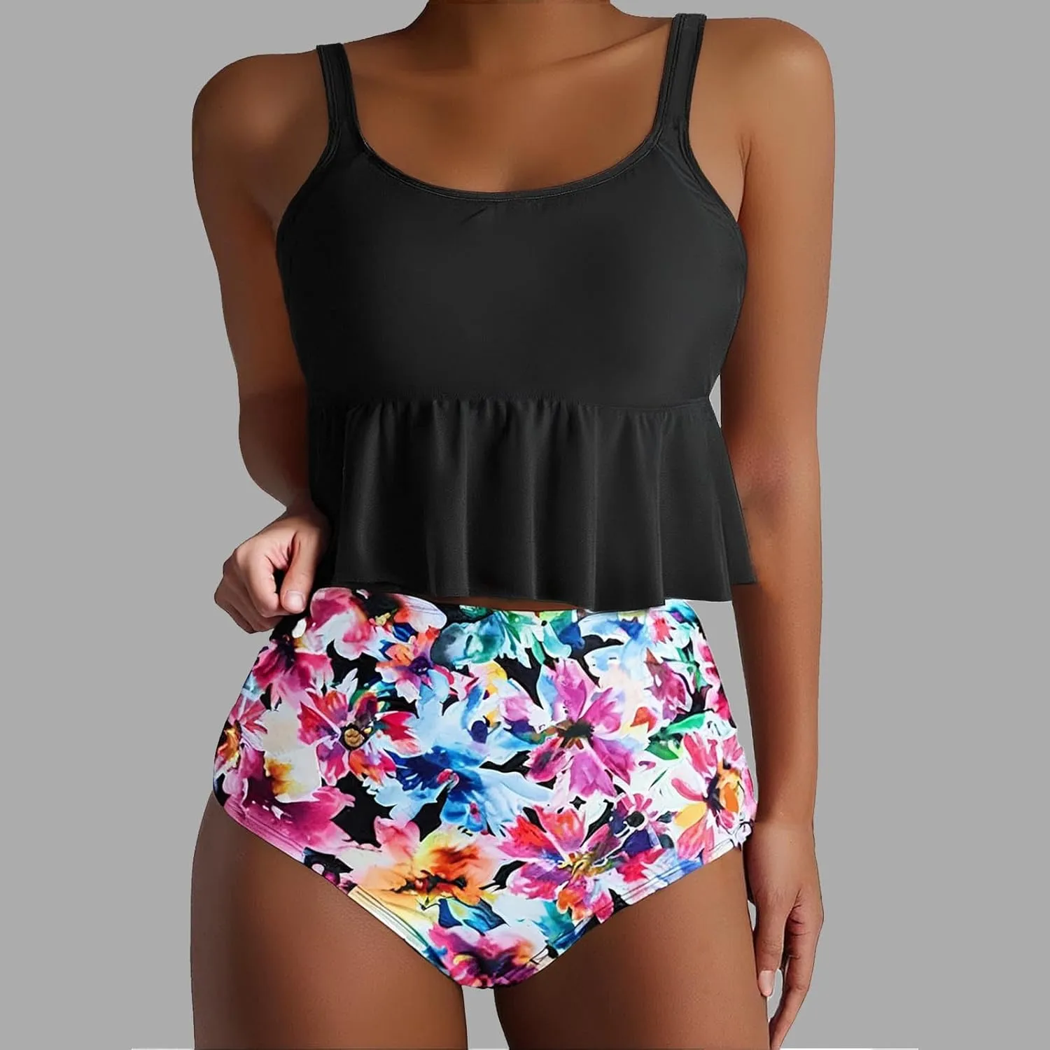 Womens Tankini Set Tropical Hawaii High Waisted Bikini Bathing Suits 2 Piece Swim Tank Top with Boy Shorts Swimsuits