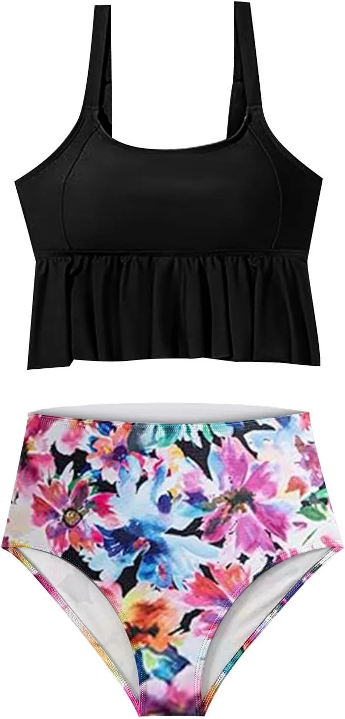 Womens Tankini Set Tropical Hawaii High Waisted Bikini Bathing Suits 2 Piece Swim Tank Top with Boy Shorts Swimsuits