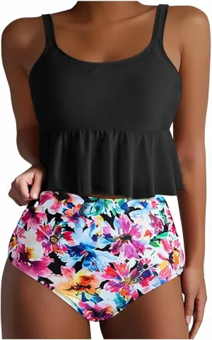 Womens Tankini Set Tropical Hawaii High Waisted Bikini Bathing Suits 2 Piece Swim Tank Top with Boy Shorts Swimsuits