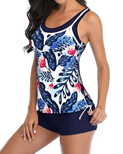 Women's Tankini Swimsuits Shorts Athletic Bathing Suits Slimming Swimwear-White And Blue Floral