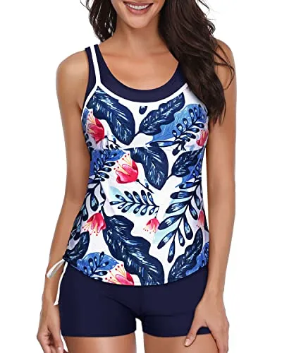Women's Tankini Swimsuits Shorts Athletic Bathing Suits Slimming Swimwear-White And Blue Floral