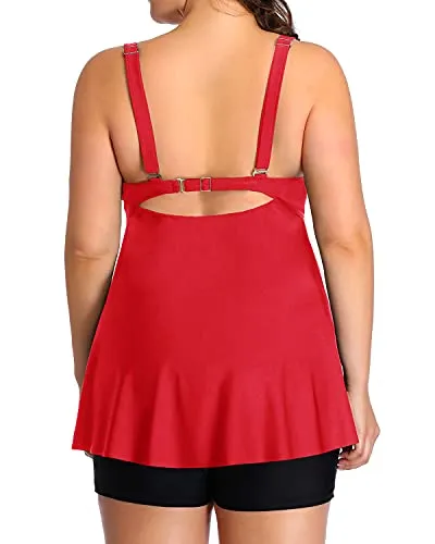Women's Tie Knot Bow Adjustable Plus Size Tankini Bathing Suits-Neon Red