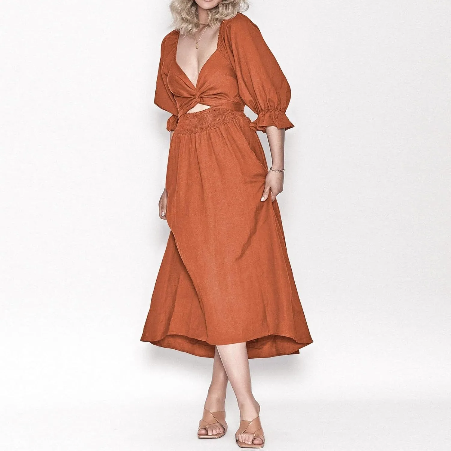 Womens Tie Rope Belt Ruffle Trim Sleeves Wear Fashion Elegant Dress Knit Sleeveless Dress Girls Knee Length