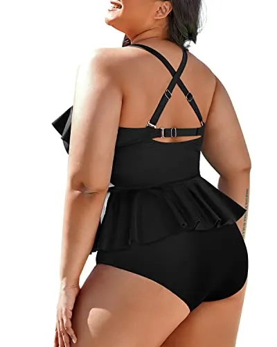 Womens Tummy Control Bathing Suits Swim Tops With Shorts Swimwear-Black