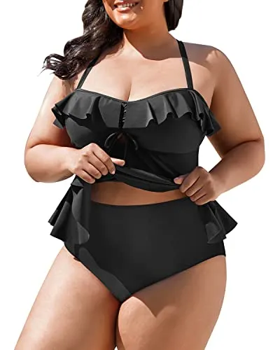 Womens Tummy Control Bathing Suits Swim Tops With Shorts Swimwear-Black