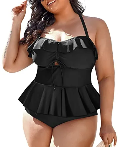 Womens Tummy Control Bathing Suits Swim Tops With Shorts Swimwear-Black