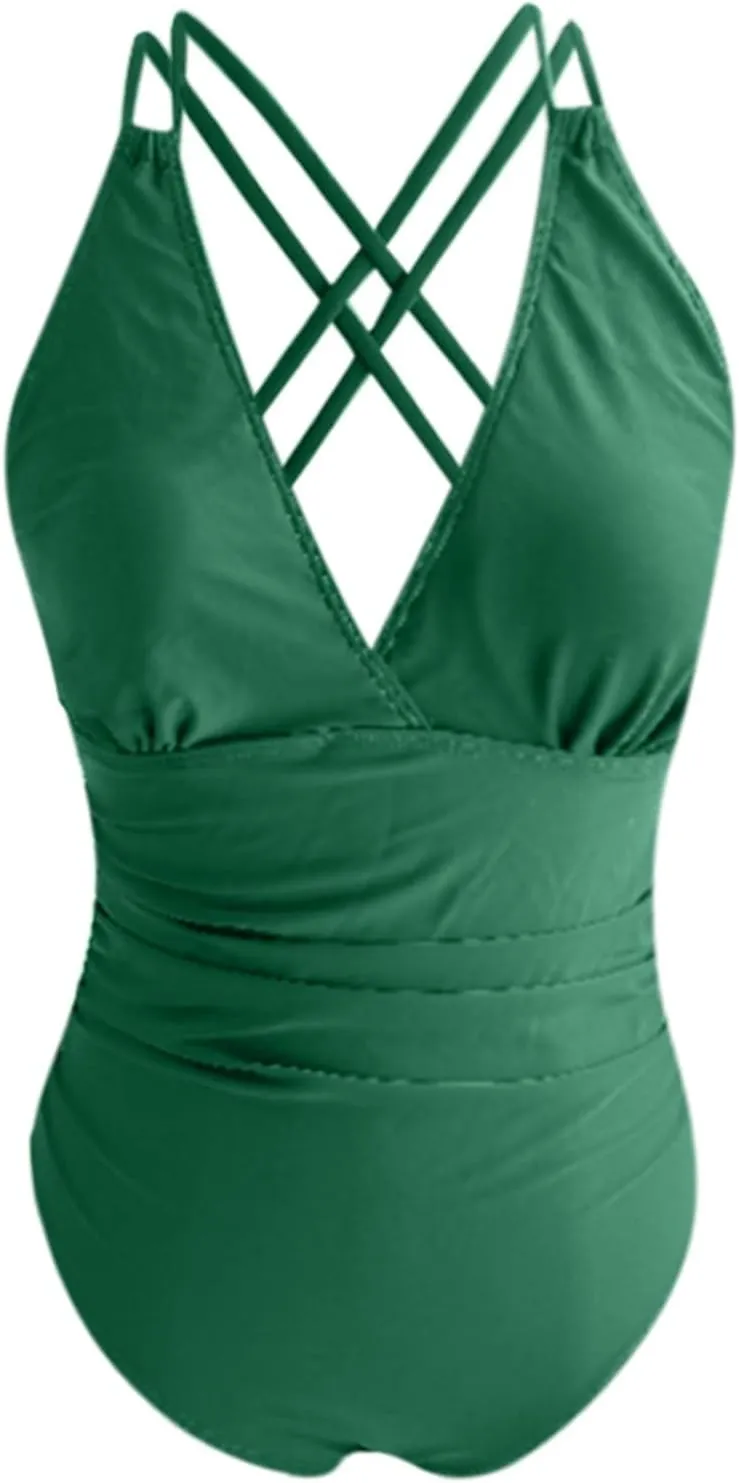 Women's Tummy Control Monokinis Swimsuits One Piece Neon Color Block Swimwear Deep V Neck Slimming Bathing Suit