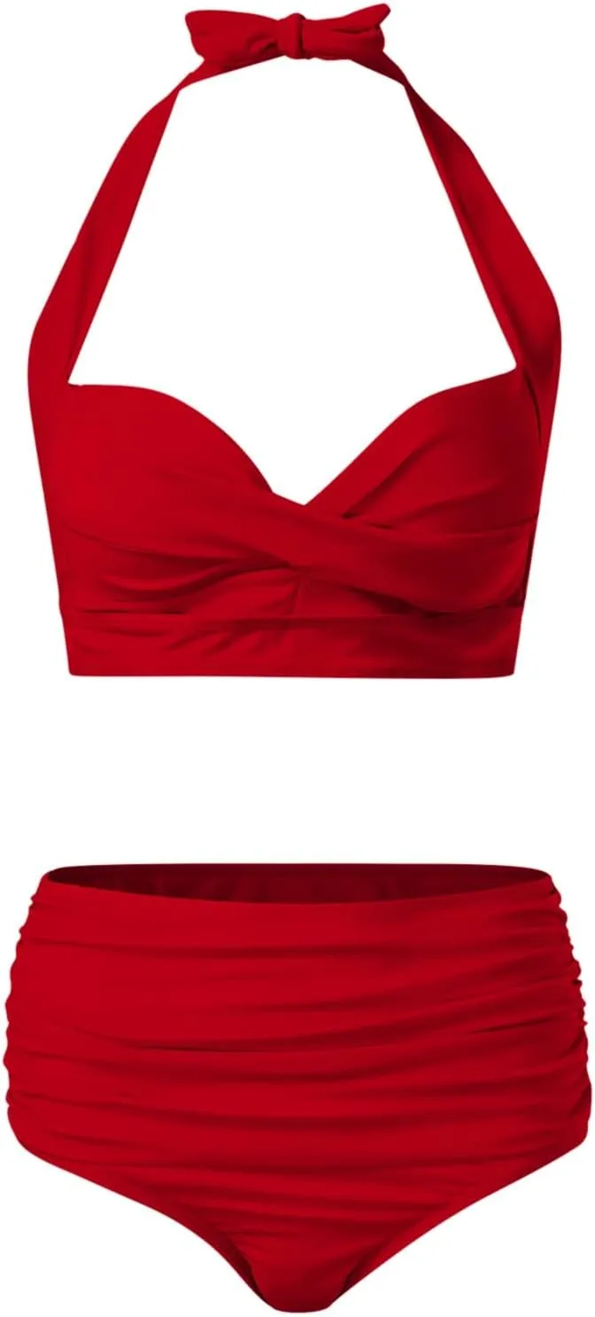 Women's Twist Front Bikini Swimsuit Two Piece Bathing Suit High Waisted Bottom Tummy Control Vintage Beach Swimwear