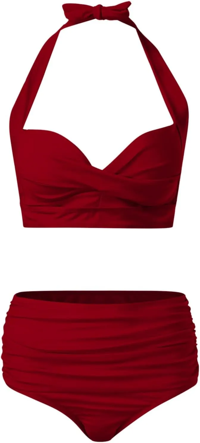 Women's Twist Front Bikini Swimsuit Two Piece Bathing Suit High Waisted Bottom Tummy Control Vintage Beach Swimwear