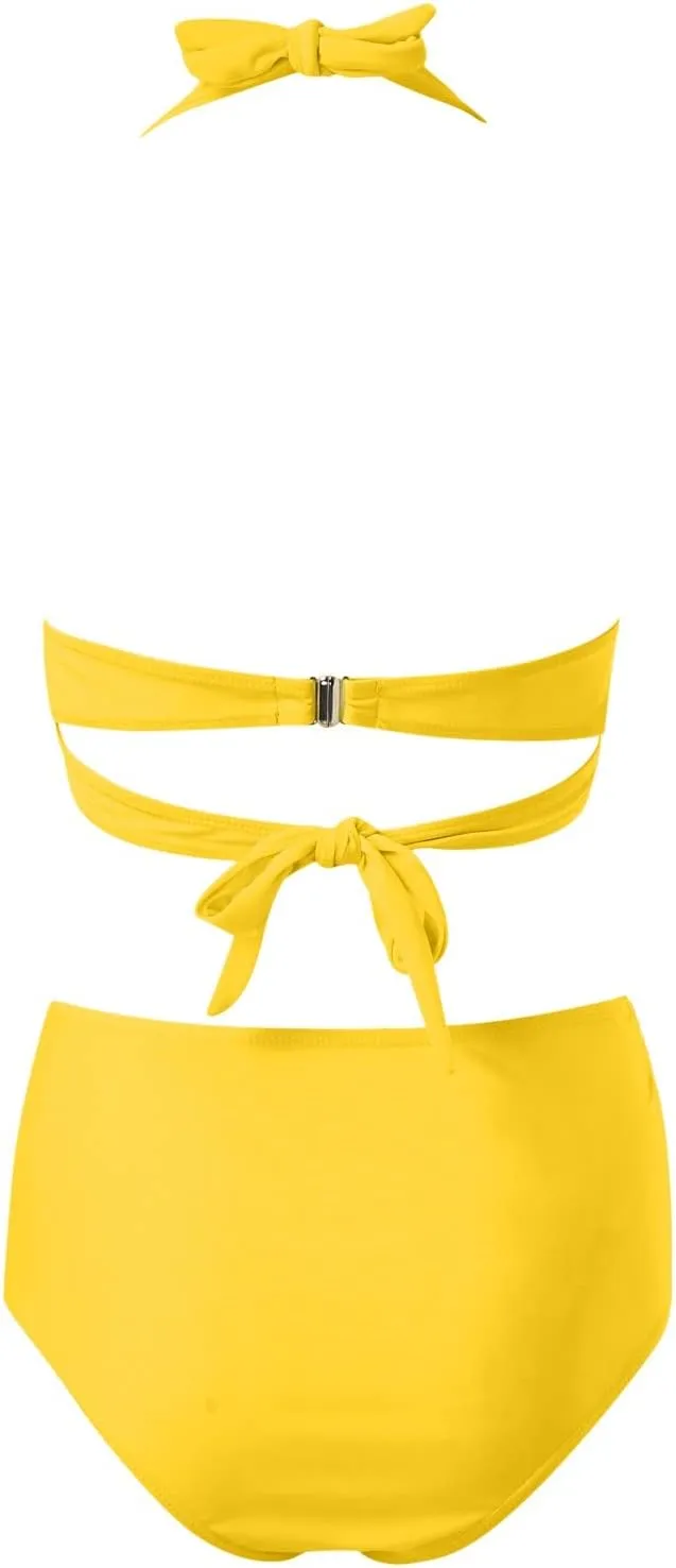 Women's Twist Front Bikini Swimsuit Two Piece Bathing Suit High Waisted Bottom Tummy Control Vintage Beach Swimwear