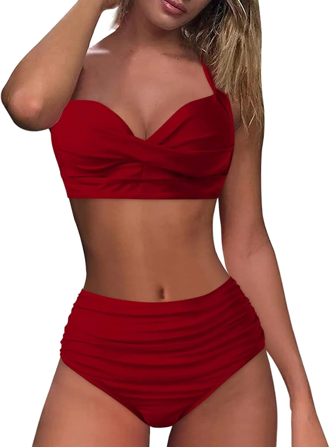 Women's Twist Front Bikini Swimsuit Two Piece Bathing Suit High Waisted Bottom Tummy Control Vintage Beach Swimwear