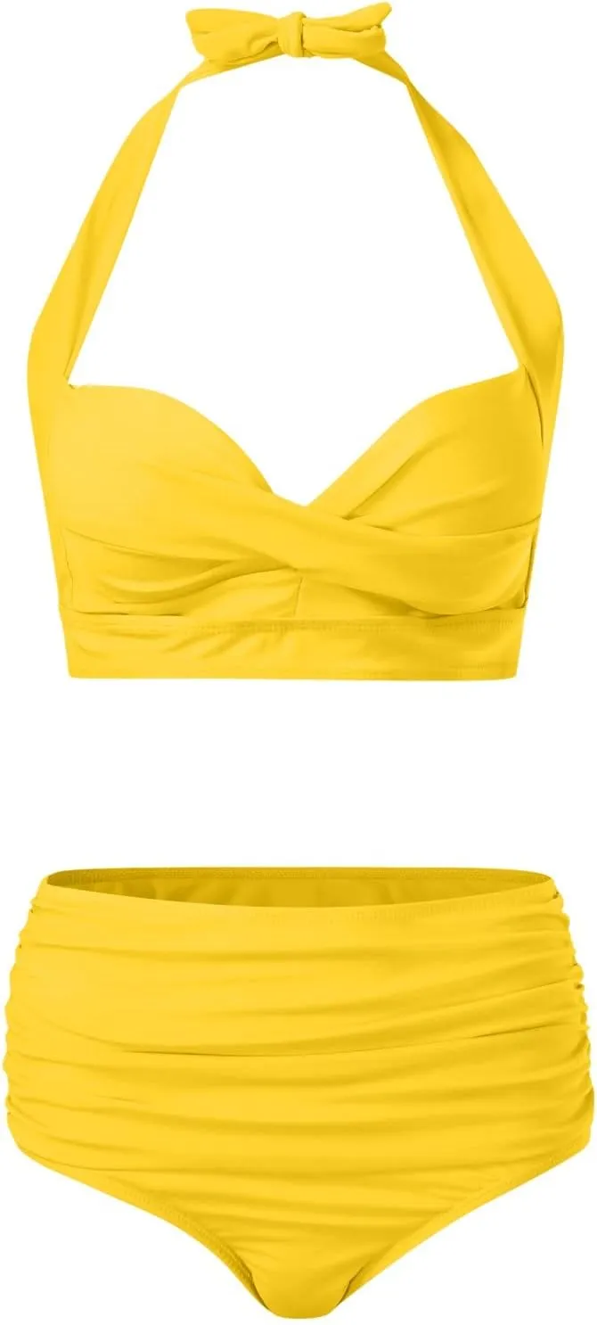 Women's Twist Front Bikini Swimsuit Two Piece Bathing Suit High Waisted Bottom Tummy Control Vintage Beach Swimwear