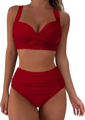 Women's Twist Front Bikini Swimsuit Two Piece Bathing Suit High Waisted Bottom Tummy Control Vintage Beach Swimwear