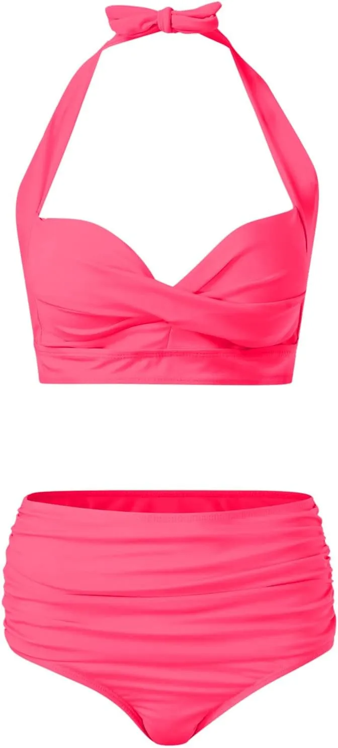 Women's Twist Front Bikini Swimsuit Two Piece Bathing Suit High Waisted Bottom Tummy Control Vintage Beach Swimwear