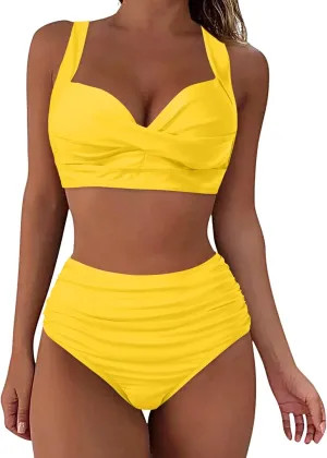 Women's Twist Front Bikini Swimsuit Two Piece Bathing Suit High Waisted Bottom Tummy Control Vintage Beach Swimwear
