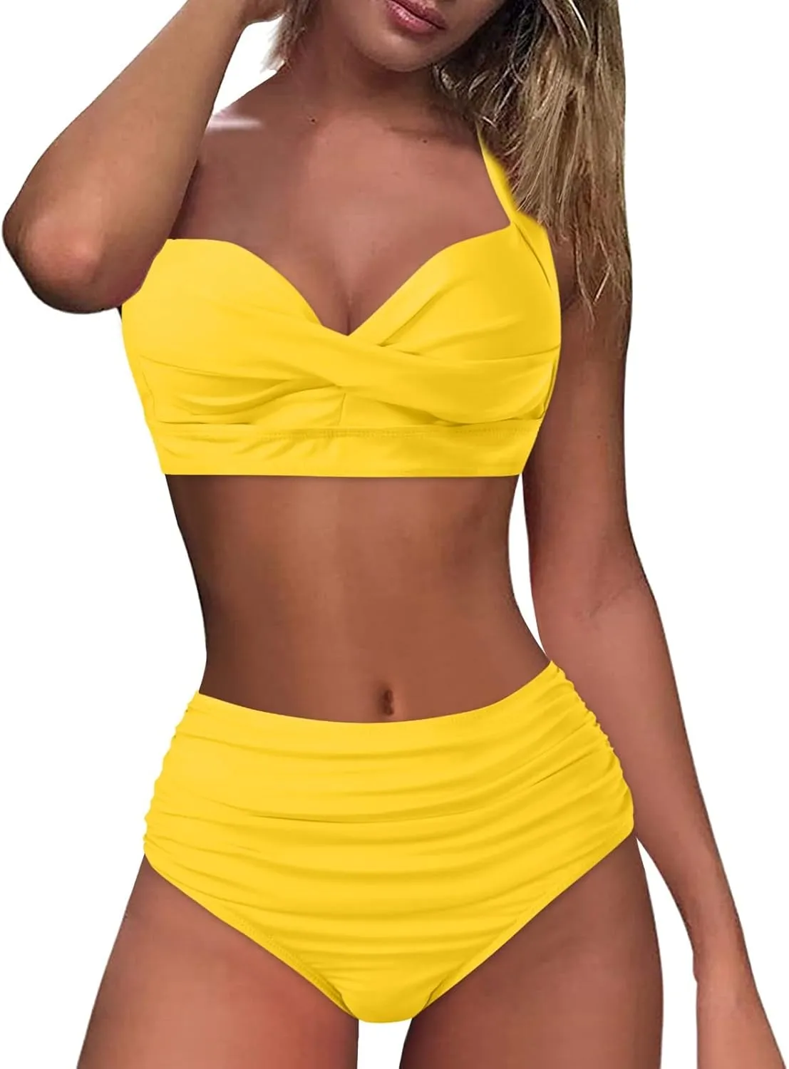 Women's Twist Front Bikini Swimsuit Two Piece Bathing Suit High Waisted Bottom Tummy Control Vintage Beach Swimwear