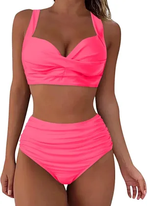 Women's Twist Front Bikini Swimsuit Two Piece Bathing Suit High Waisted Bottom Tummy Control Vintage Beach Swimwear