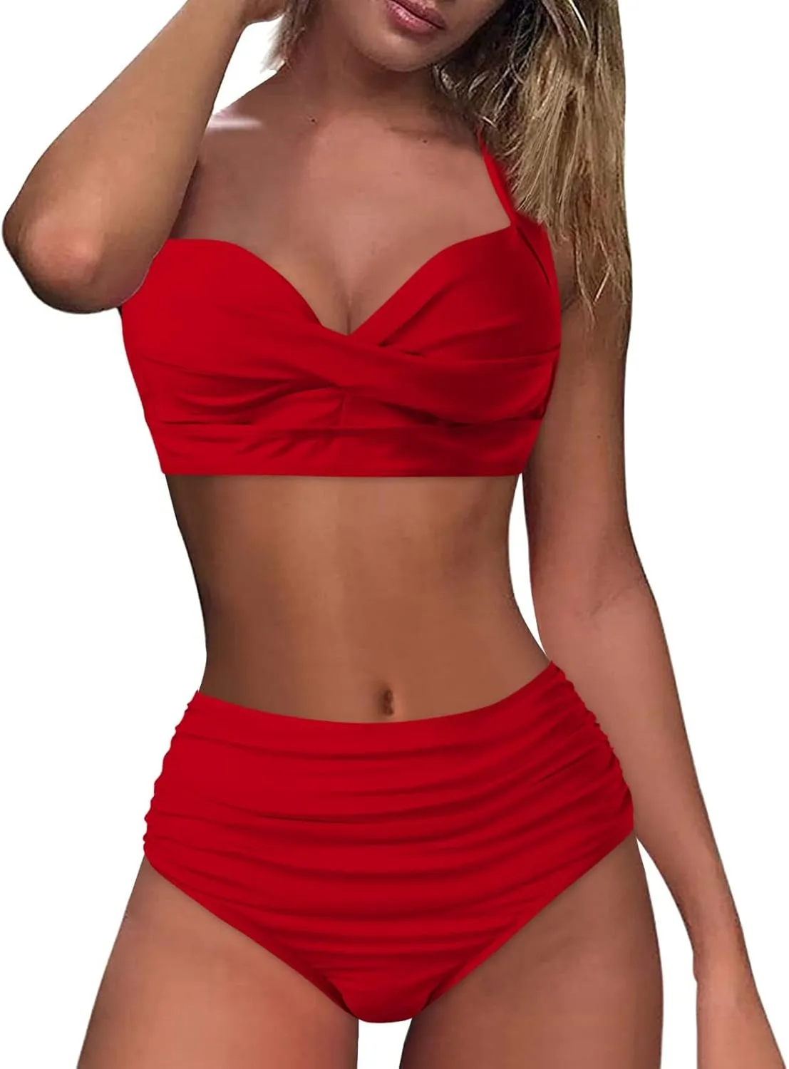 Women's Twist Front Bikini Swimsuit Two Piece Bathing Suit High Waisted Bottom Tummy Control Vintage Beach Swimwear