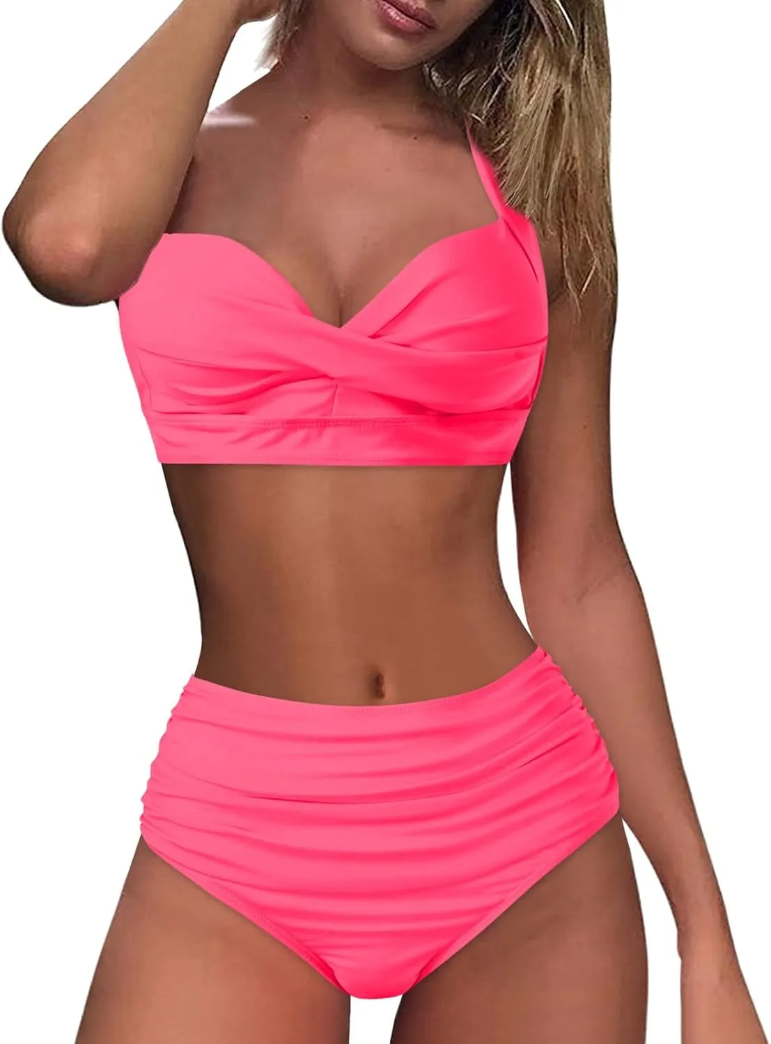 Women's Twist Front Bikini Swimsuit Two Piece Bathing Suit High Waisted Bottom Tummy Control Vintage Beach Swimwear