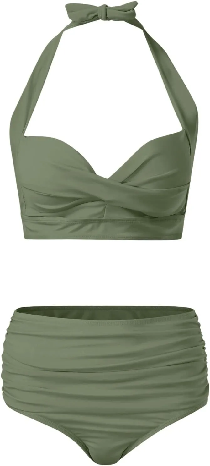 Women's Twist Front Bikini Swimsuit Two Piece Bathing Suit High Waisted Bottom Tummy Control Vintage Beach Swimwear