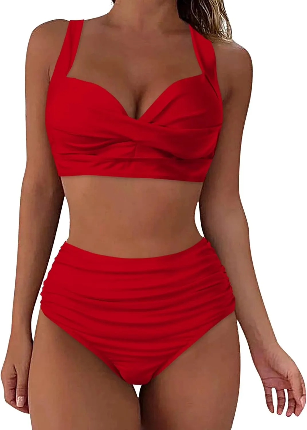 Women's Twist Front Bikini Swimsuit Two Piece Bathing Suit High Waisted Bottom Tummy Control Vintage Beach Swimwear
