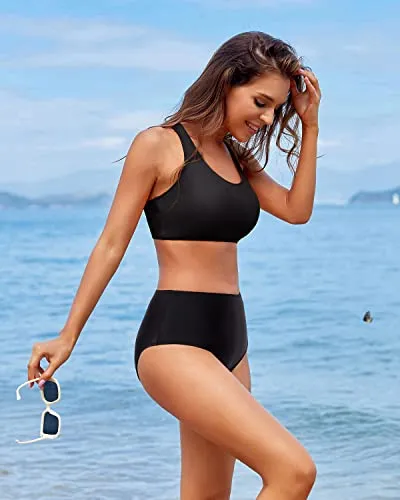 Women's Two Piece Bikini Sports Crop Top Swimsuit-Black