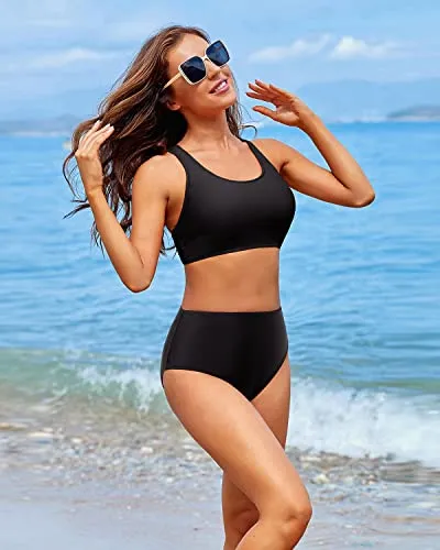 Women's Two Piece Bikini Sports Crop Top Swimsuit-Black