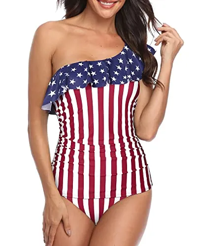 Women's Two Piece Ruffle Swimwear One Shoulder Tankini-Flag