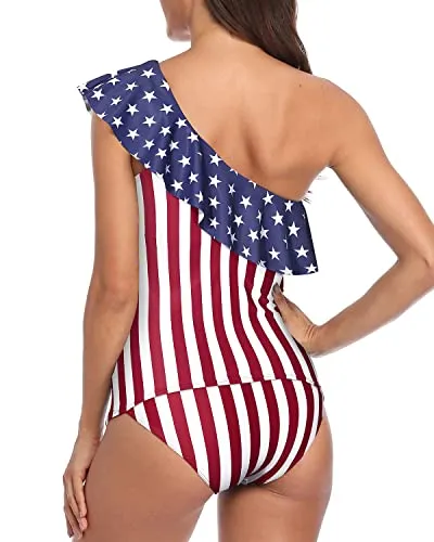 Women's Two Piece Ruffle Swimwear One Shoulder Tankini-Flag