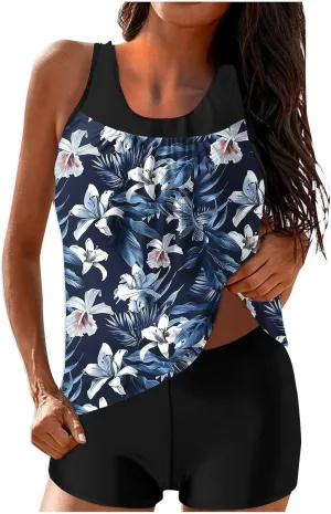 Womens Two Piece Tankini Bathing Suits Blouson Swim Tank Tops with with High Waist Tummy Control Boy Shorts Siwmwear
