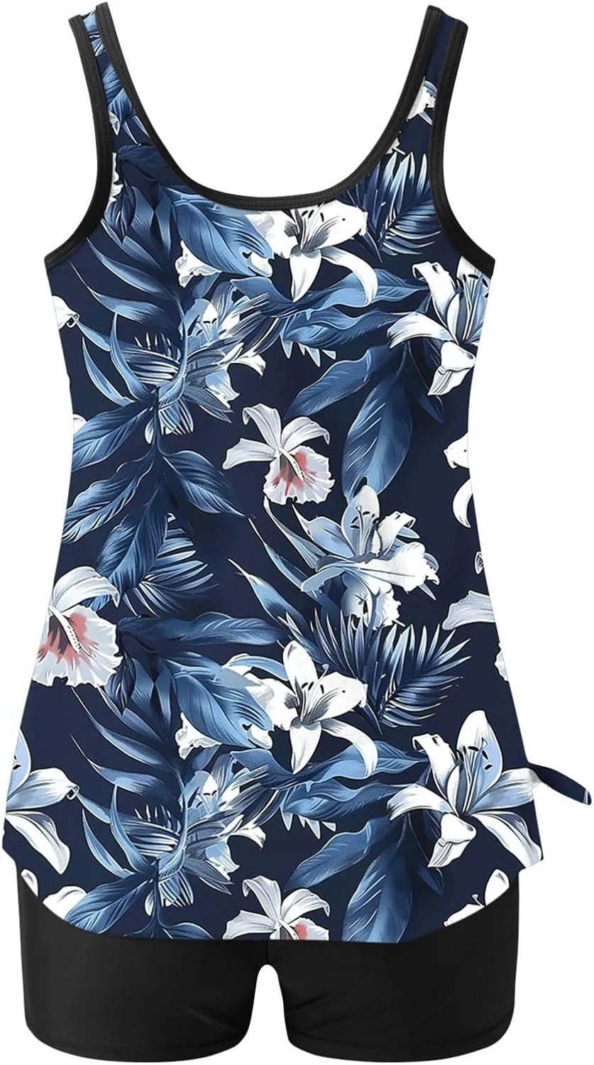 Womens Two Piece Tankini Bathing Suits Blouson Swim Tank Tops with with High Waist Tummy Control Boy Shorts Siwmwear