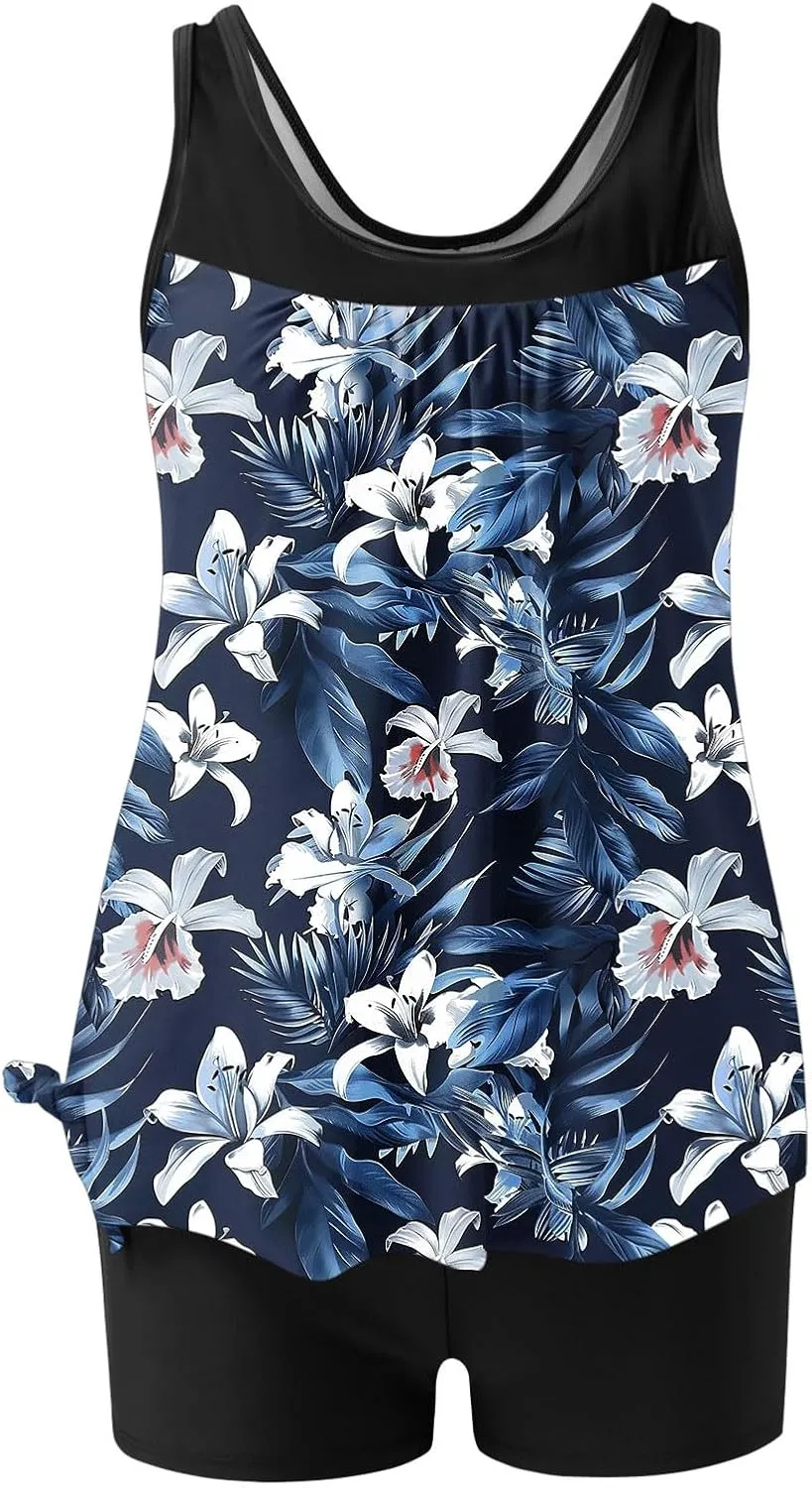 Womens Two Piece Tankini Bathing Suits Blouson Swim Tank Tops with with High Waist Tummy Control Boy Shorts Siwmwear