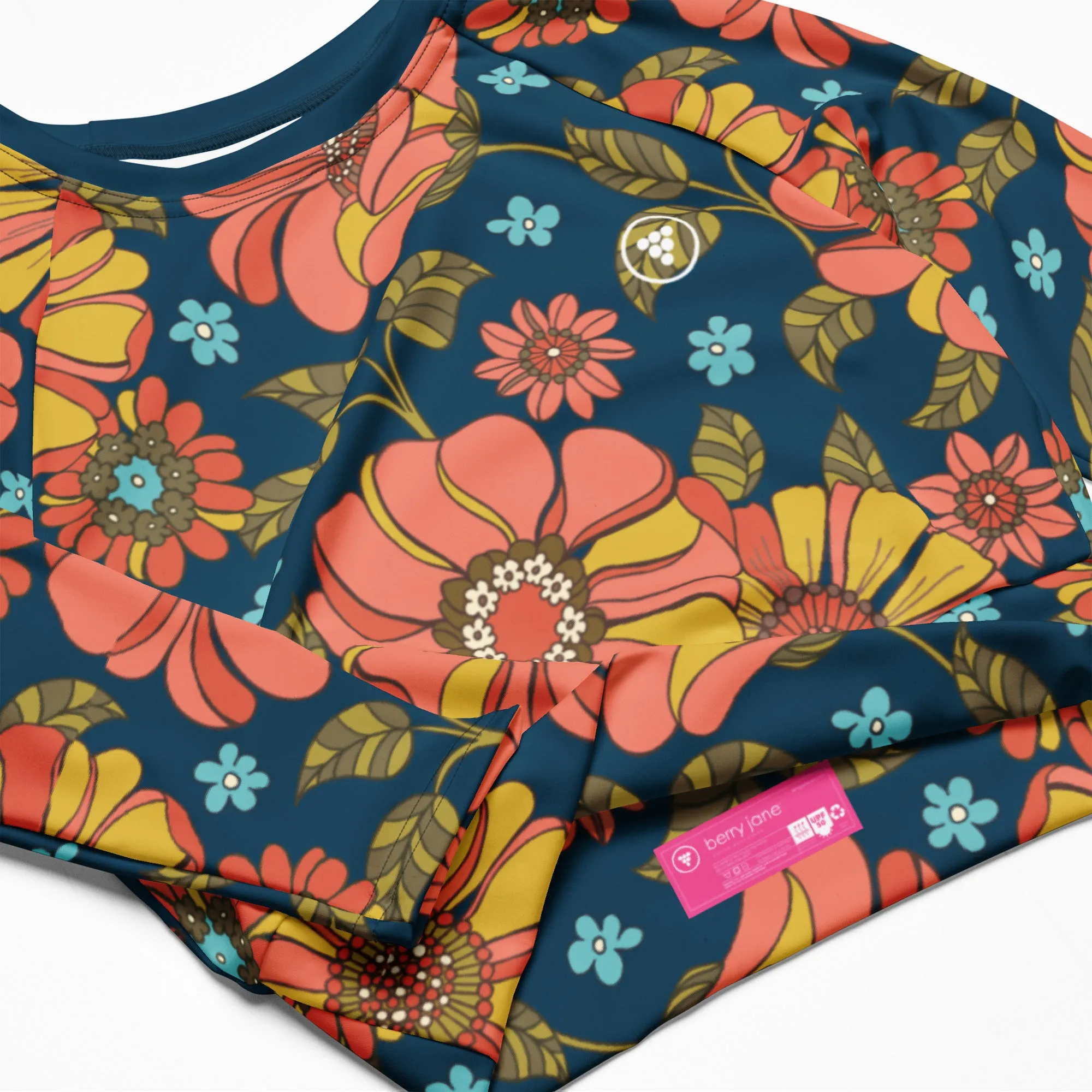 Women's UPF 50 Cropped Rash Guard Top, Retro Floral