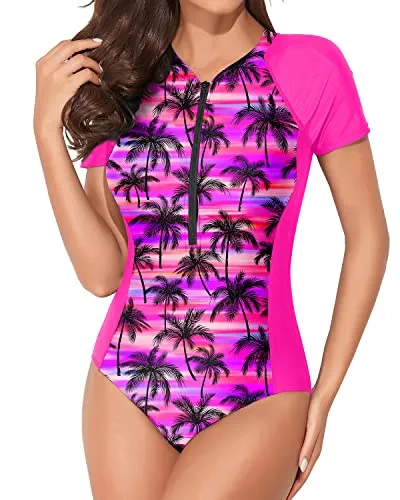 Women's UPF 50  Short Sleeve Rash Guard Swimsuits One-Piece Zipper Bathing Suits