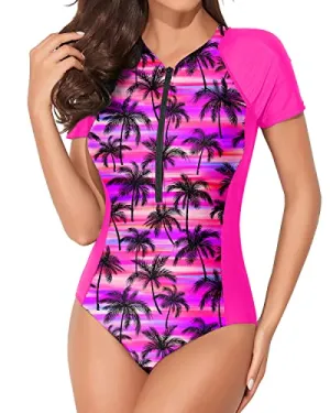 Women's UPF 50  Short Sleeve Rash Guard Swimsuits One-Piece Zipper Bathing Suits
