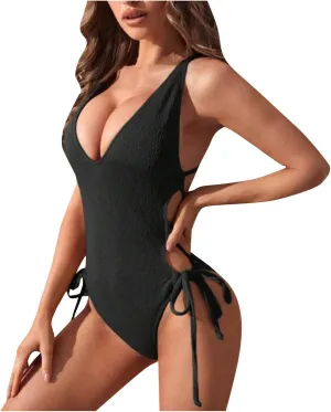 Women's V Neck Backless Swimsuits Solid One Piece Tummy Control Slimming Bathing Suits Sleeveless Swimwear