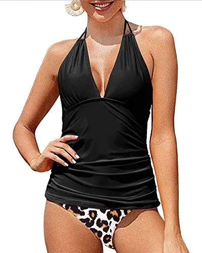 Women's V Neck Tankini Tops & Bikini Bottom Halter Swimsuit-Black And Leopard