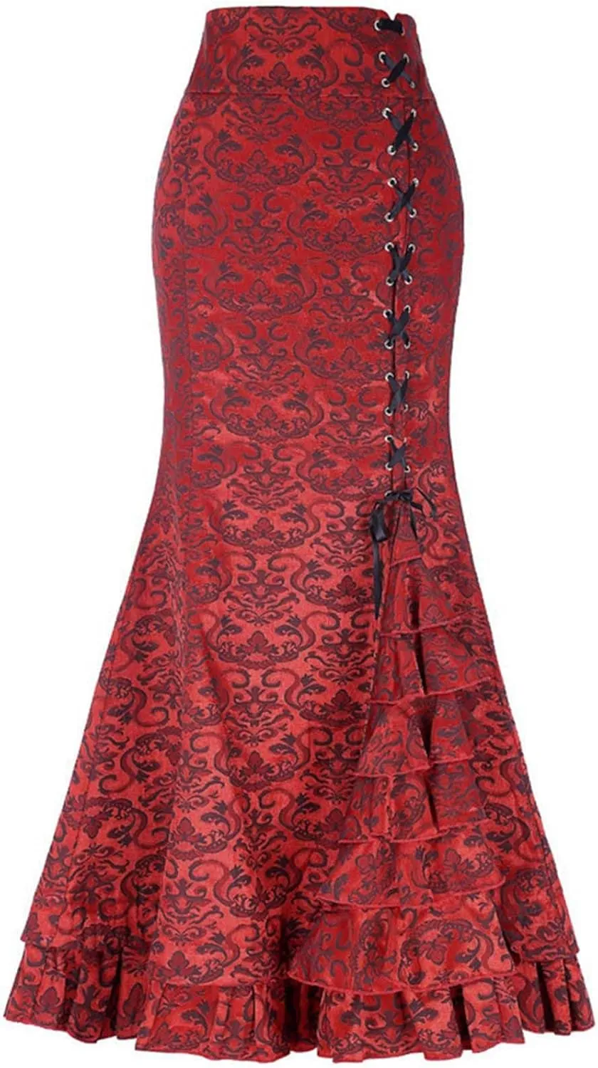Womens Victorian Skirts Vintage High Waist Side Lace-Up Steampunk Gothic Skirt Tiered Ruffle Mermaid Maxi Pencil Skirt