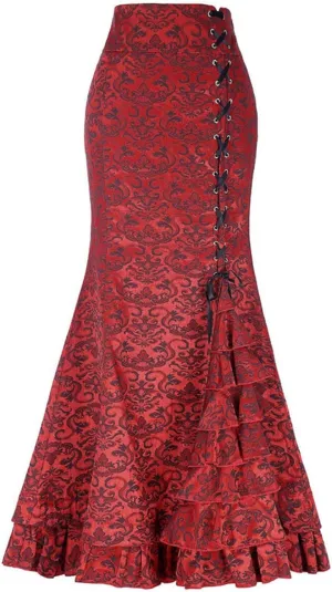 Womens Victorian Skirts Vintage High Waist Side Lace-Up Steampunk Gothic Skirt Tiered Ruffle Mermaid Maxi Pencil Skirt