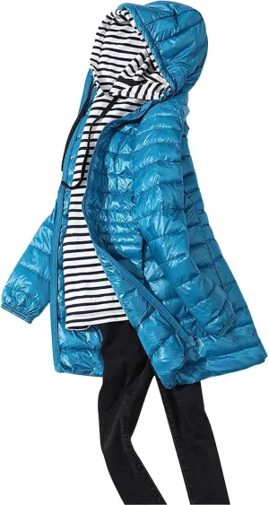 Women's Warm Winter Glossy Down Jacket Ultralight Long Down Outerwear Puffer Jacket Hooded Coat Packable Long-Sleeve with