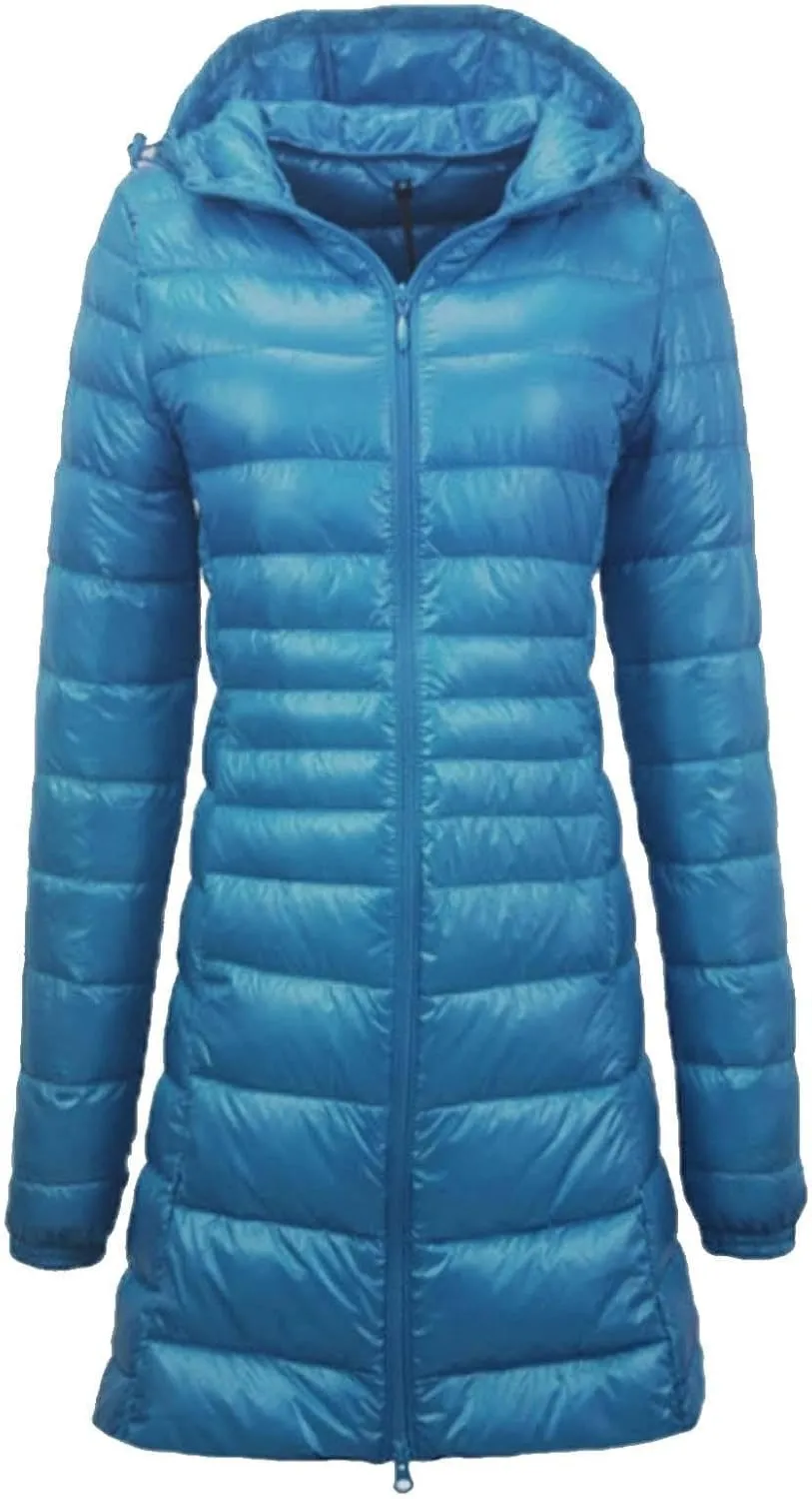 Women's Warm Winter Glossy Down Jacket Ultralight Long Down Outerwear Puffer Jacket Hooded Coat Packable Long-Sleeve with