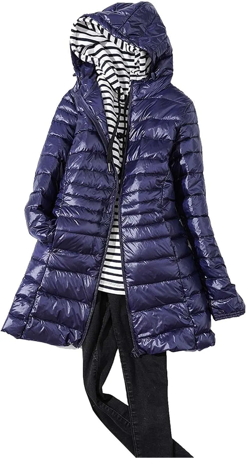 Women's Warm Winter Glossy Down Jacket Ultralight Long Down Outerwear Puffer Jacket Hooded Coat Thicken Padded with Hood