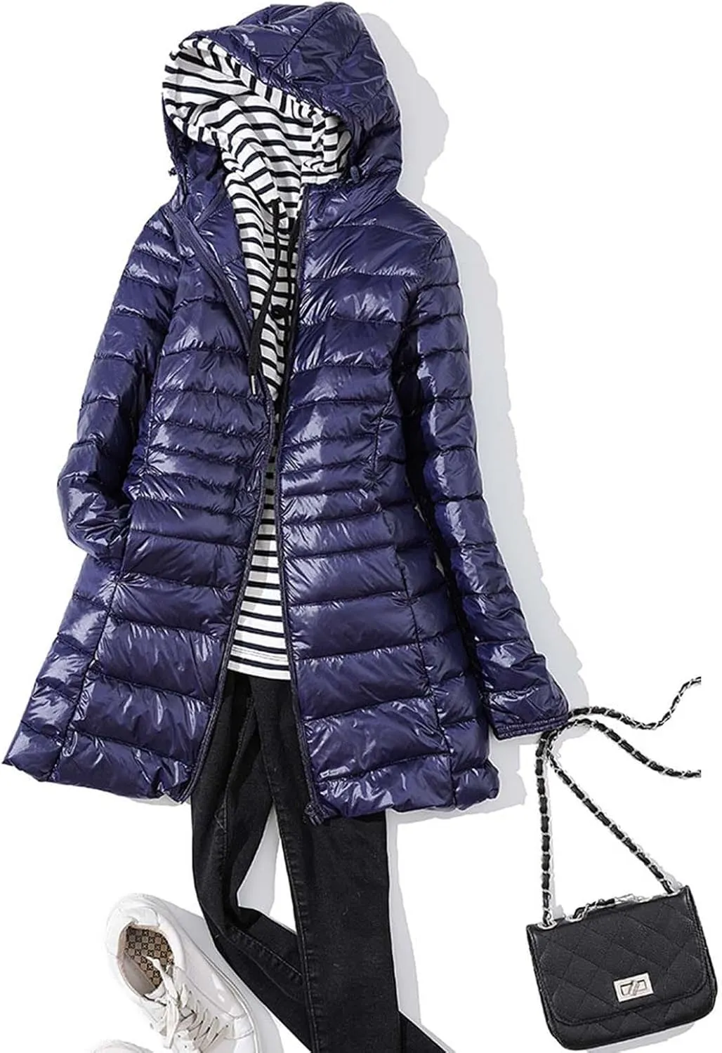 Women's Warm Winter Glossy Down Jacket Ultralight Long Down Outerwear Puffer Jacket Hooded Coat Thicken Padded with Hood