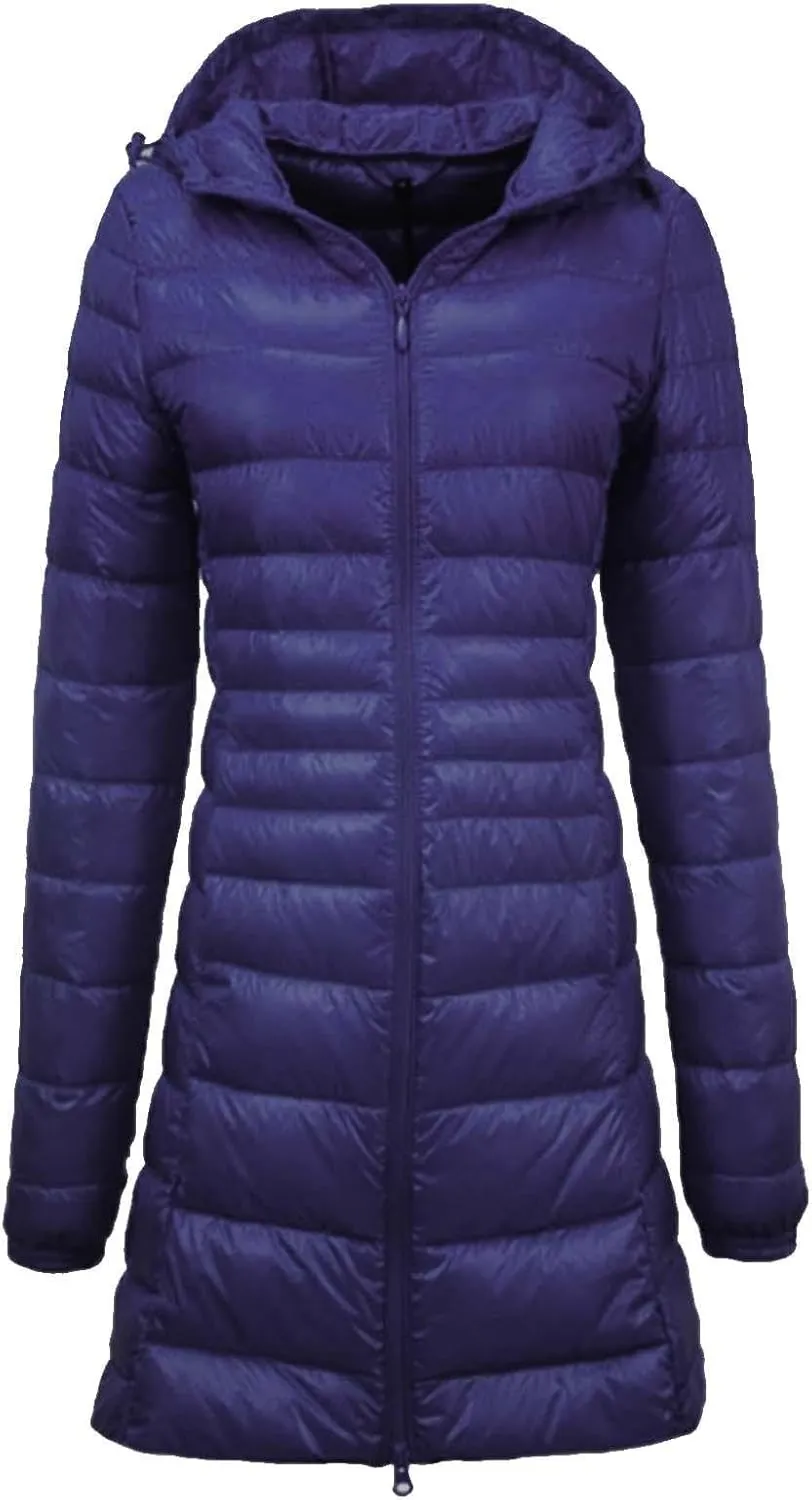 Women's Warm Winter Glossy Down Jacket Ultralight Long Down Outerwear Puffer Jacket Hooded Coat Thicken Padded with Hood