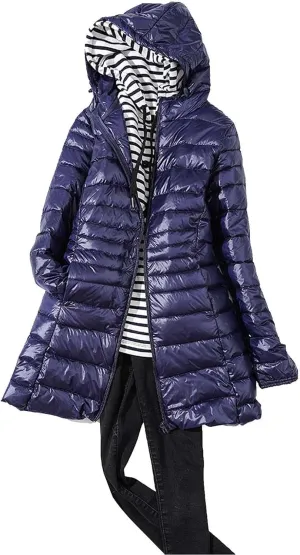 Women's Warm Winter Glossy Down Jacket Ultralight Long Down Outerwear Puffer Jacket Hooded Coat Thicken Padded with Hood