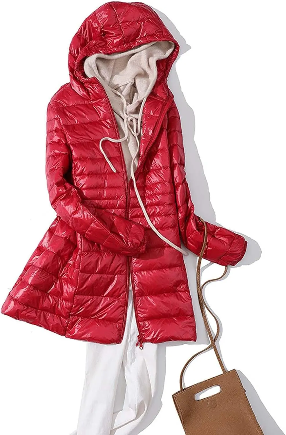 Women's Warm Winter Glossy Down Jacket Ultralight Long Down Outerwear Puffer Jacket Hooded Coat Zip-Up Thicken Long-Sleeve