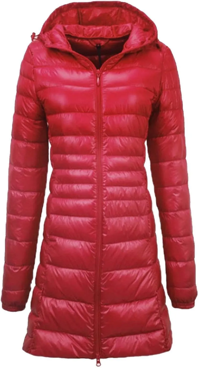 Women's Warm Winter Glossy Down Jacket Ultralight Long Down Outerwear Puffer Jacket Hooded Coat Zip-Up Thicken Long-Sleeve