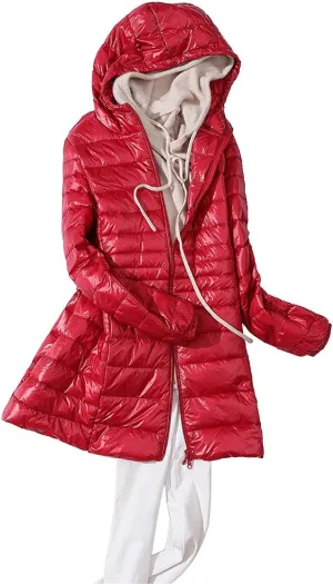 Women's Warm Winter Glossy Down Jacket Ultralight Long Down Outerwear Puffer Jacket Hooded Coat Zip-Up Thicken Long-Sleeve