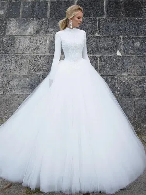 Women's White A-Line Long Sleeved Wedding Dress