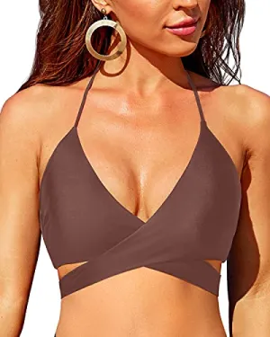 Wrap Deep V Neckline Women Push Up Bikini Top Halter Swimsuit-Brown